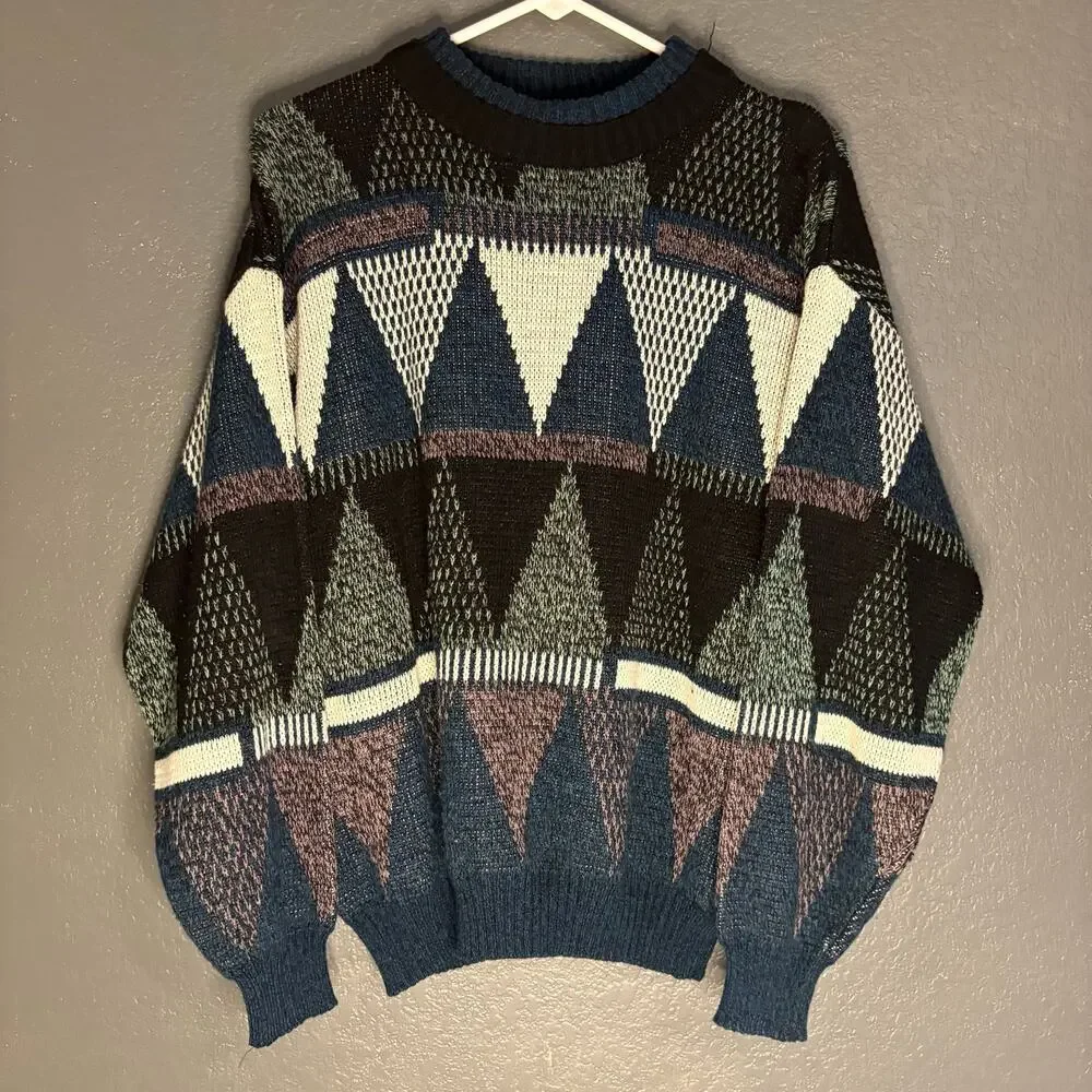 Vintage 90s Michael Gerald Knit Sweater Mens M  Green Geometric Grandpa Retro